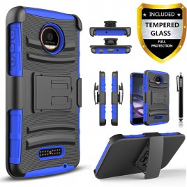 Moto Z, Moto Z Droid Case, Dual Layers [Combo Holster] Case And Built-In Kickstand Bundled with [Premium Screen Protector] Hybird Shockproof And Circlemalls Stylus Pen For Motorola Moto Z / Moto Z Droid (Blue)